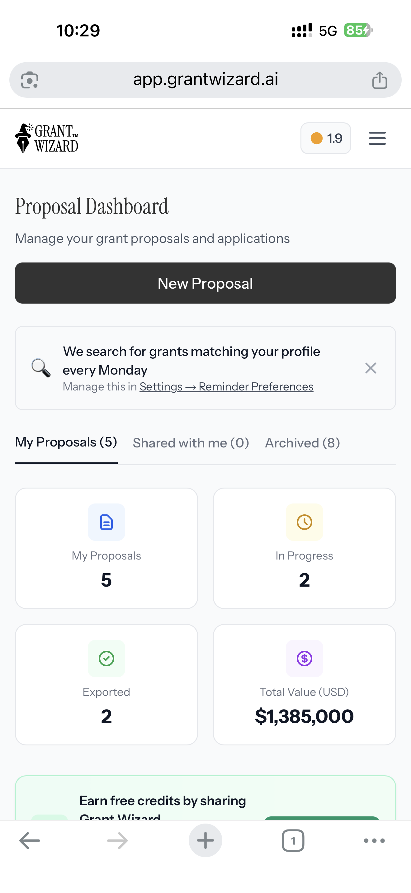 Grant Wizard Mobile Dashboard